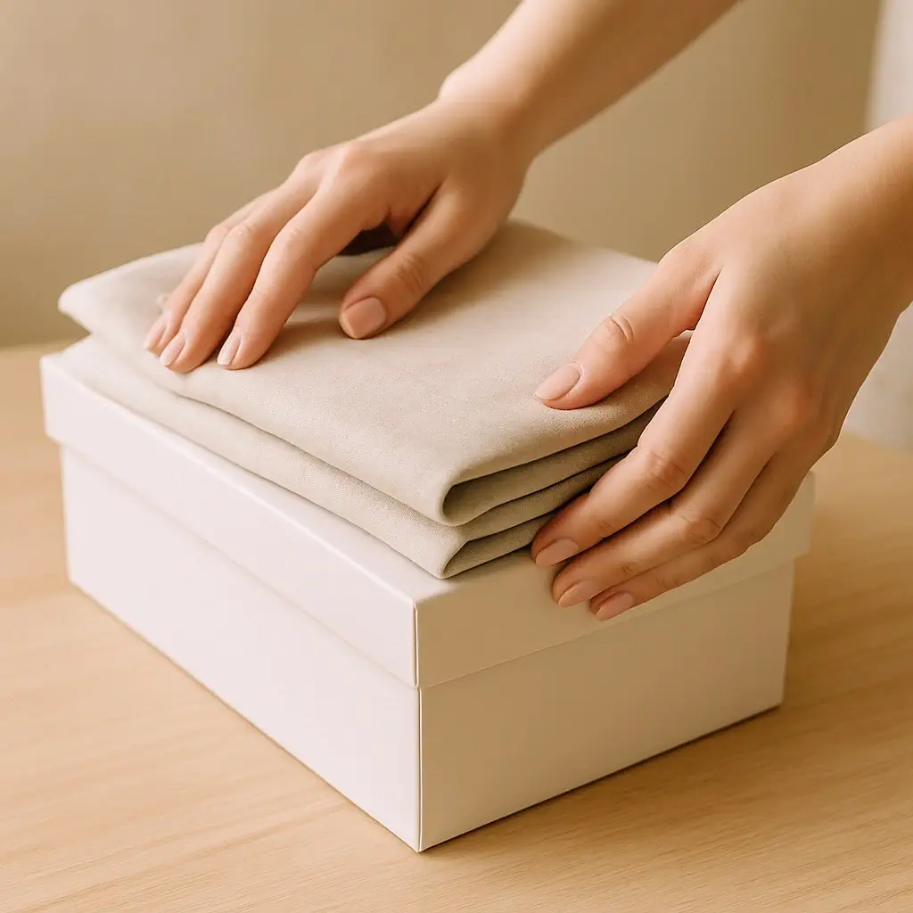 Hands neatly folding and organizing beige linen fabrics on wooden surface for home organization