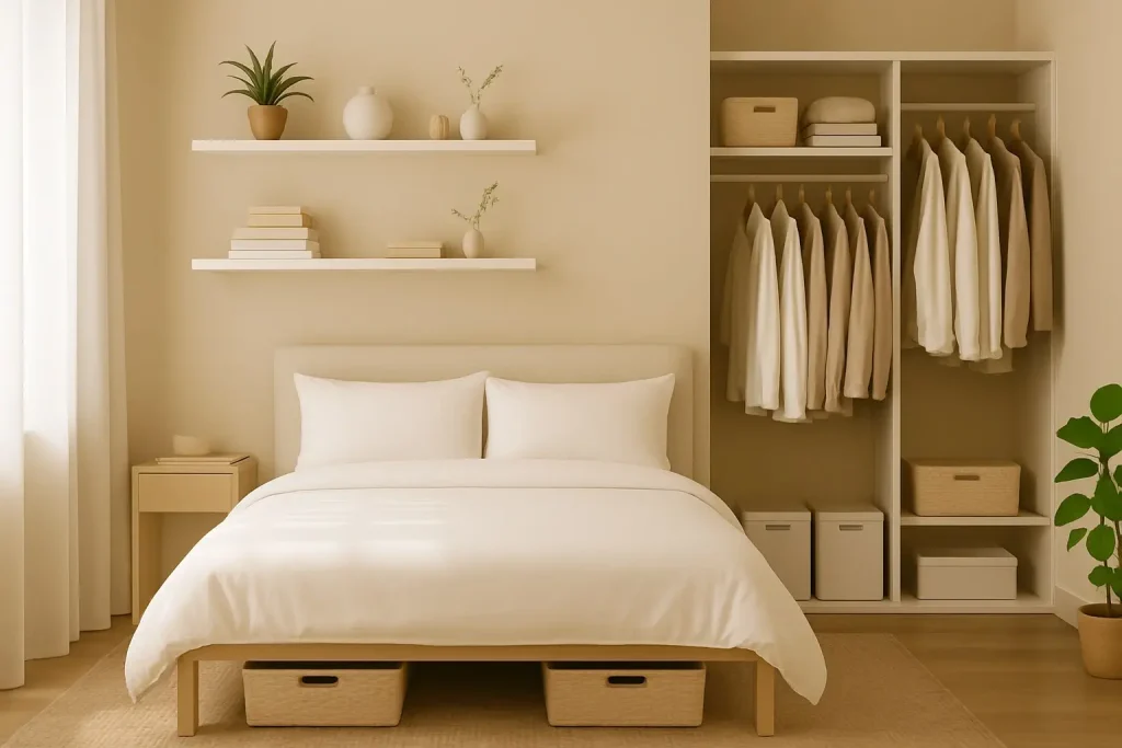 Organized small apartment bedroom with under-bed storage, floating shelves, and compact closet system