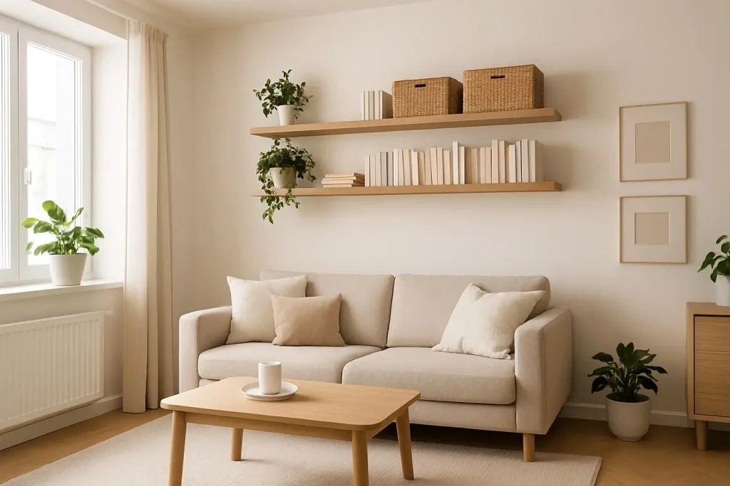 Bright organized small apartment living room with minimalist Scandinavian design, floating shelves, and natural light