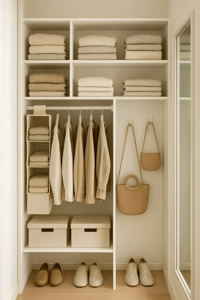 Floor-to-ceiling organized closet system maximizing vertical storage space in small apartment